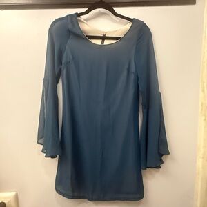 AUDREY 3+1 WOMENS LONG SLEEVE MINI DRESS, SIZE SMALL, BLUE/ NUDE